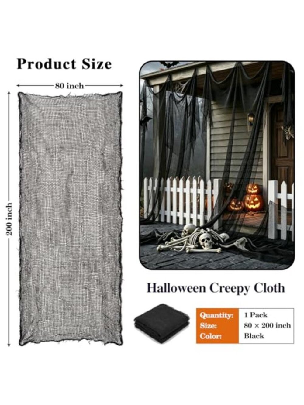 Halloween Black Creepy Cloth 80 × 200 Inch Giant Spooky Cheesecloth Halloween - Picture 3 of 6